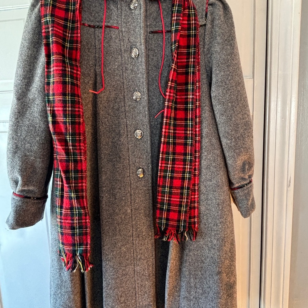 Girl’s Wool-Blend Gray Button Front Coat with Red Plaid Scarf
